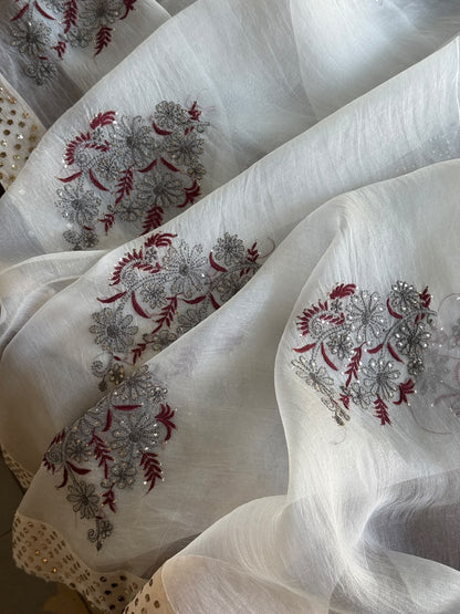 Grey & Maroon Noor Organza Floral Motif Chikankari Dupatta