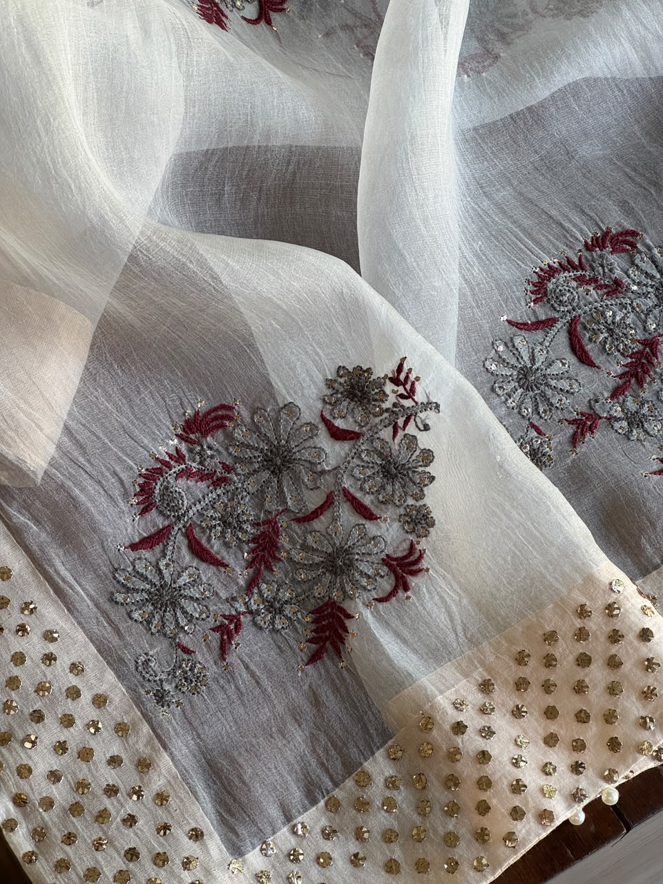 Grey & Maroon Noor Organza Floral Motif Chikankari Dupatta