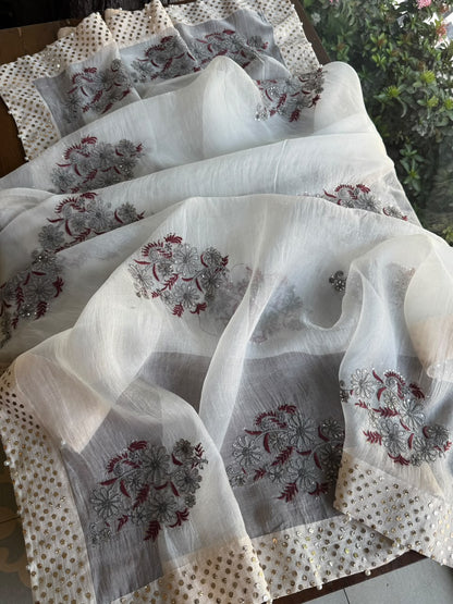 Grey & Maroon Noor Organza Floral Motif Chikankari Dupatta