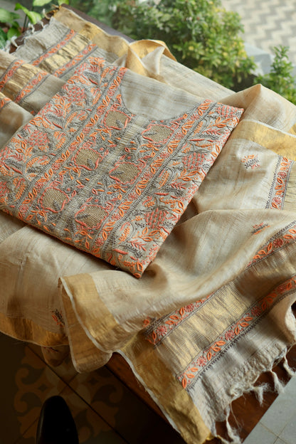 Grey & Orange Natural Shade Tussar Silk Chikankari Fabrics