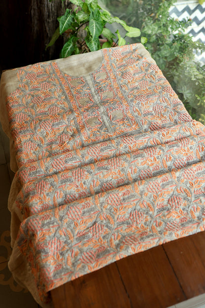 Grey & Orange Natural Shade Tussar Silk Chikankari Fabrics