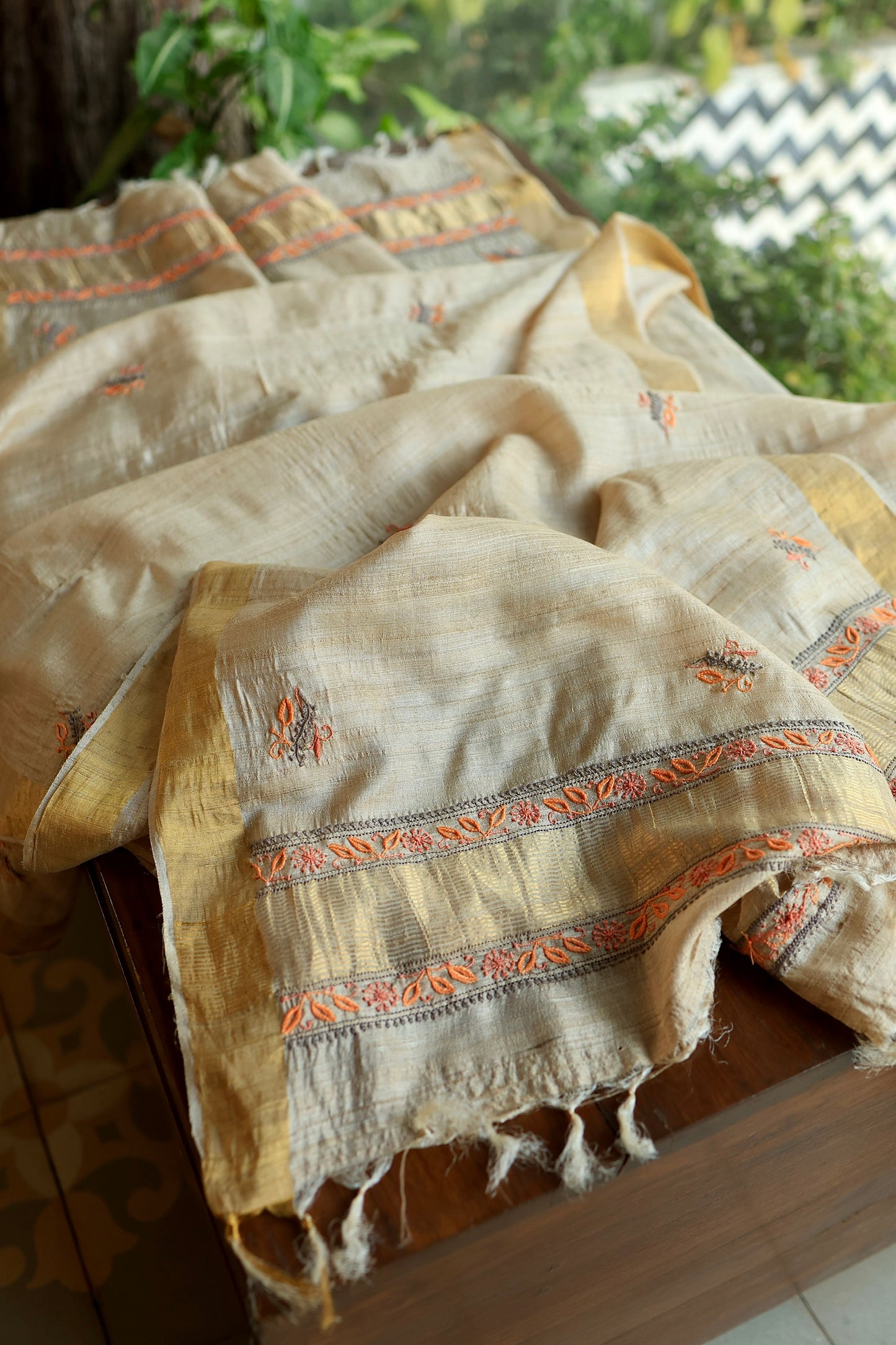Grey & Orange Natural Shade Tussar Silk Chikankari Fabrics
