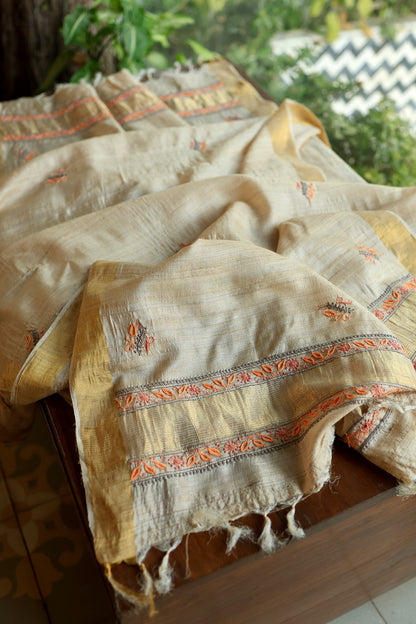 Grey & Orange Natural Shade Tussar Silk Chikankari Fabrics
