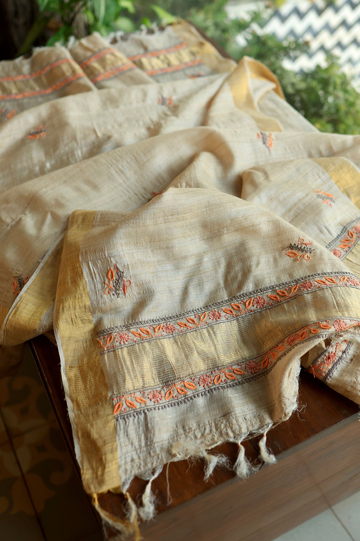 Grey & Orange Natural Shade Tussar Silk Chikankari Fabrics