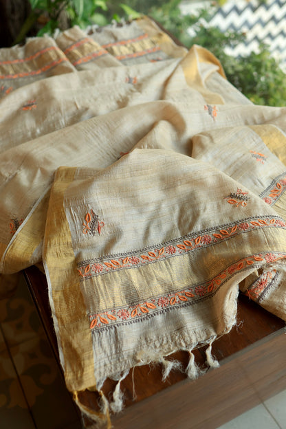 Grey & Orange Natural Shade Tussar Silk Chikankari Fabrics