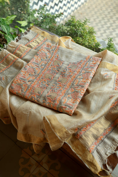 Grey & Orange Natural Shade Tussar Silk Chikankari Fabrics