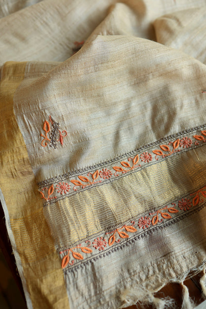 Grey & Orange Natural Shade Tussar Silk Chikankari Fabrics
