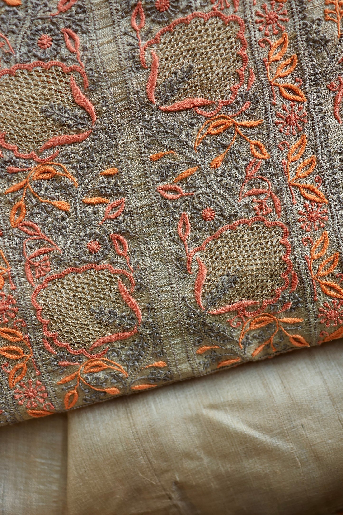 Grey & Orange Natural Shade Tussar Silk Chikankari Fabrics