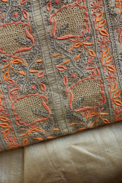 Grey & Orange Natural Shade Tussar Silk Chikankari Fabrics