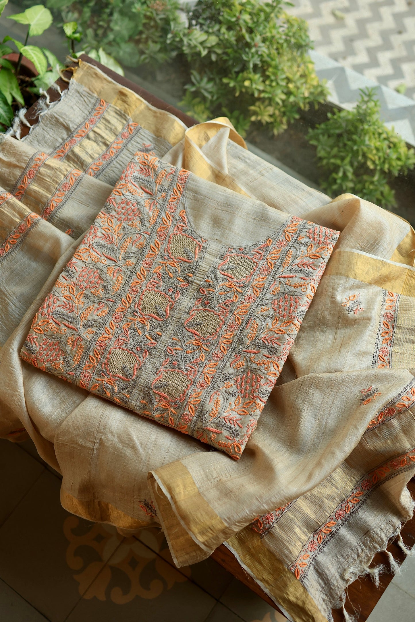 Grey & Orange Natural Shade Tussar Silk Chikankari Fabrics