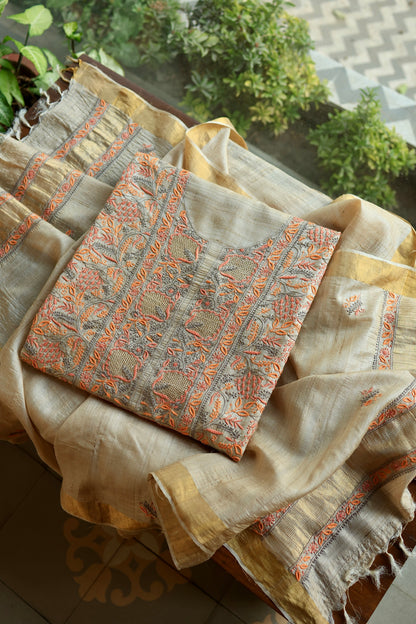 Grey & Orange Natural Shade Tussar Silk Chikankari Fabrics