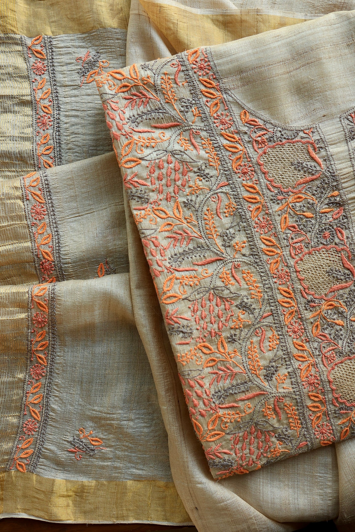 Grey & Orange Natural Shade Tussar Silk Chikankari Fabrics