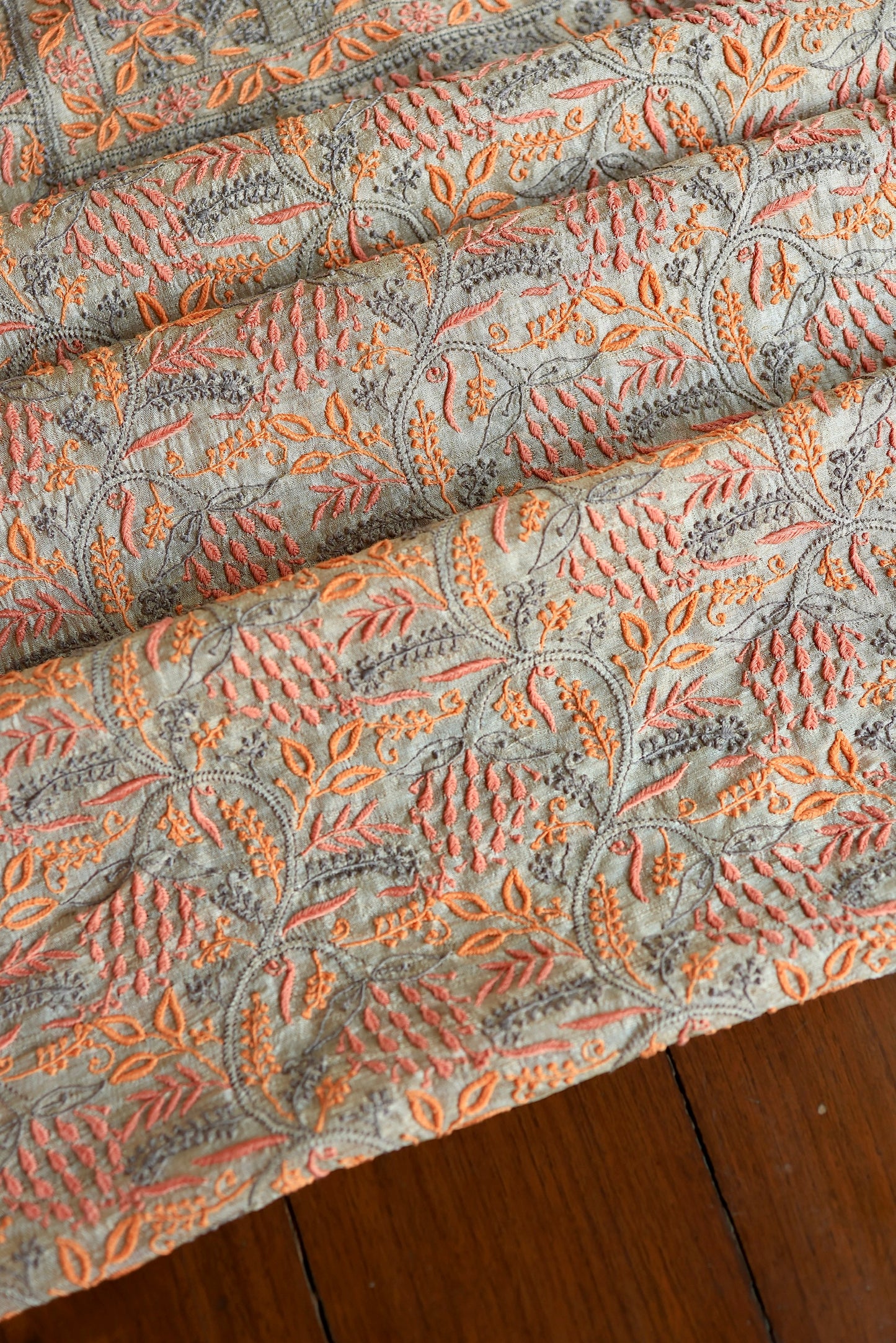 Grey & Orange Natural Shade Tussar Silk Chikankari Fabrics