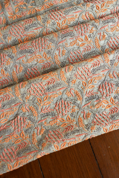 Grey & Orange Natural Shade Tussar Silk Chikankari Fabrics