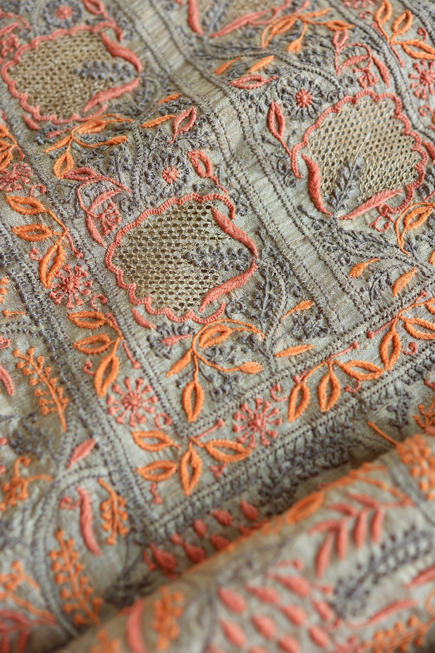 Grey & Orange Natural Shade Tussar Silk Chikankari Fabrics