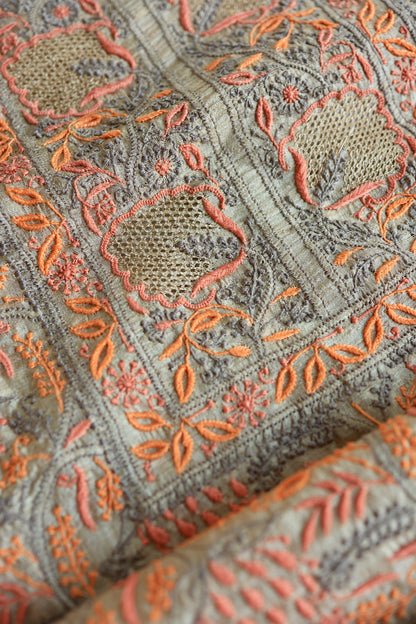 Grey & Orange Natural Shade Tussar Silk Chikankari Fabrics