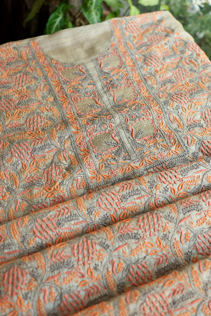 Grey & Orange Natural Shade Tussar Silk Chikankari Fabrics