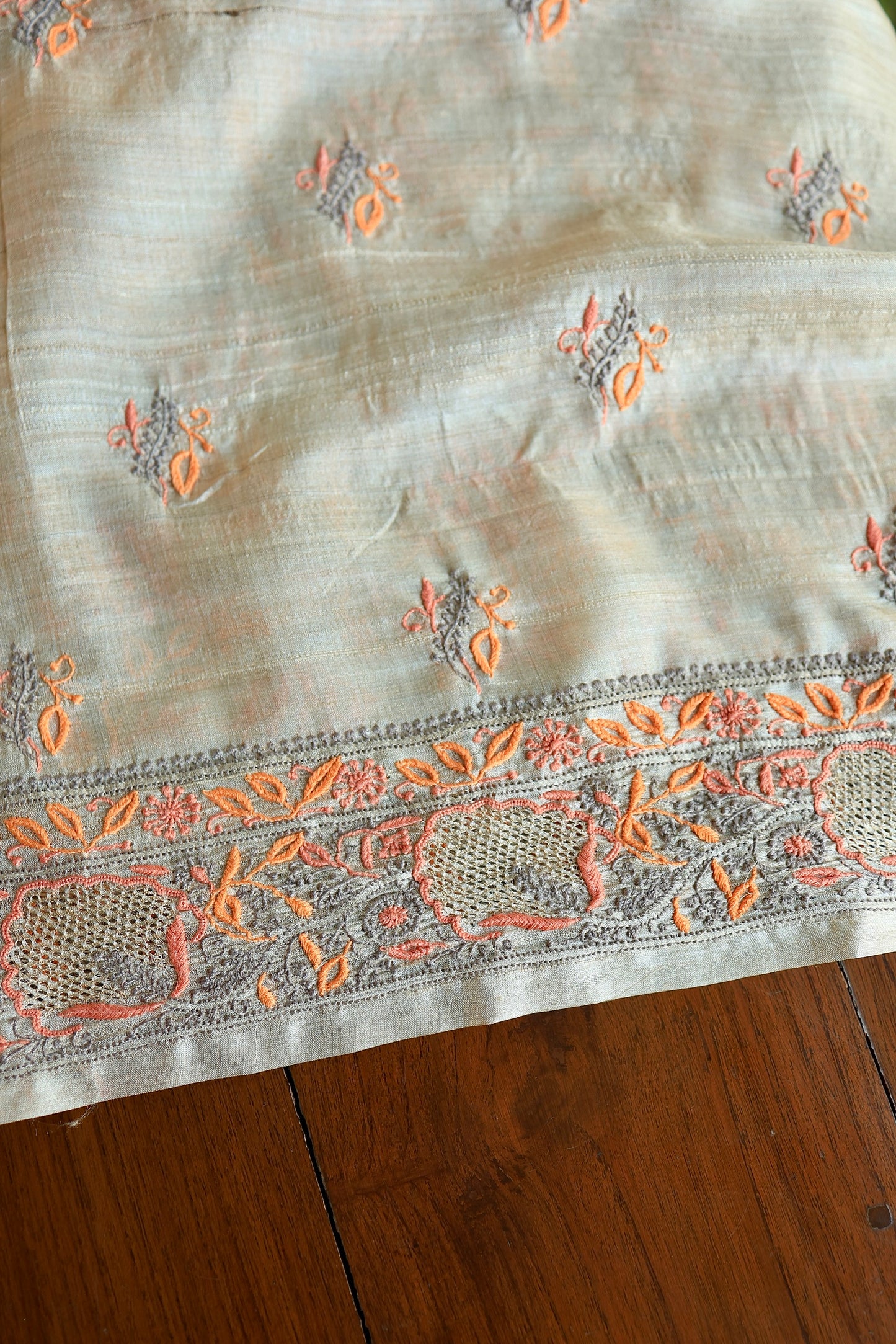 Grey & Orange Natural Shade Tussar Silk Chikankari Fabrics