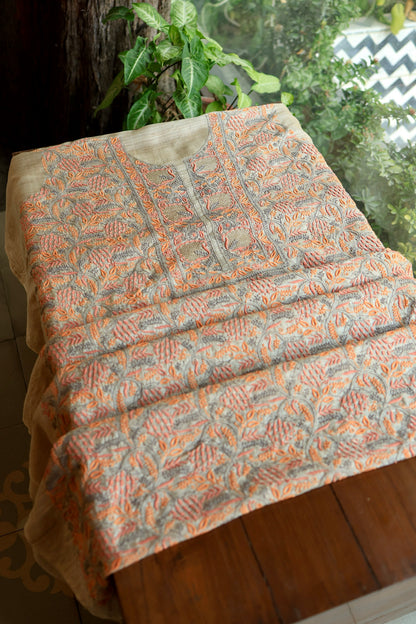 Grey & Orange Natural Shade Tussar Silk Chikankari Fabrics