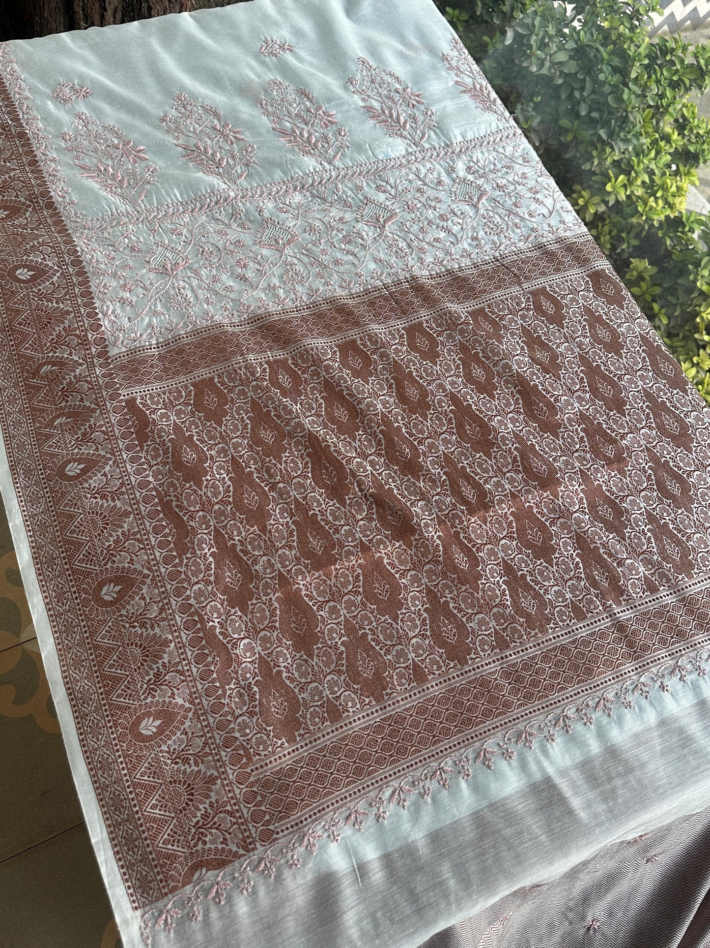 Grey & Peach Chanderi Saree with Chikankari Embroidery & Banarasi Zari Border