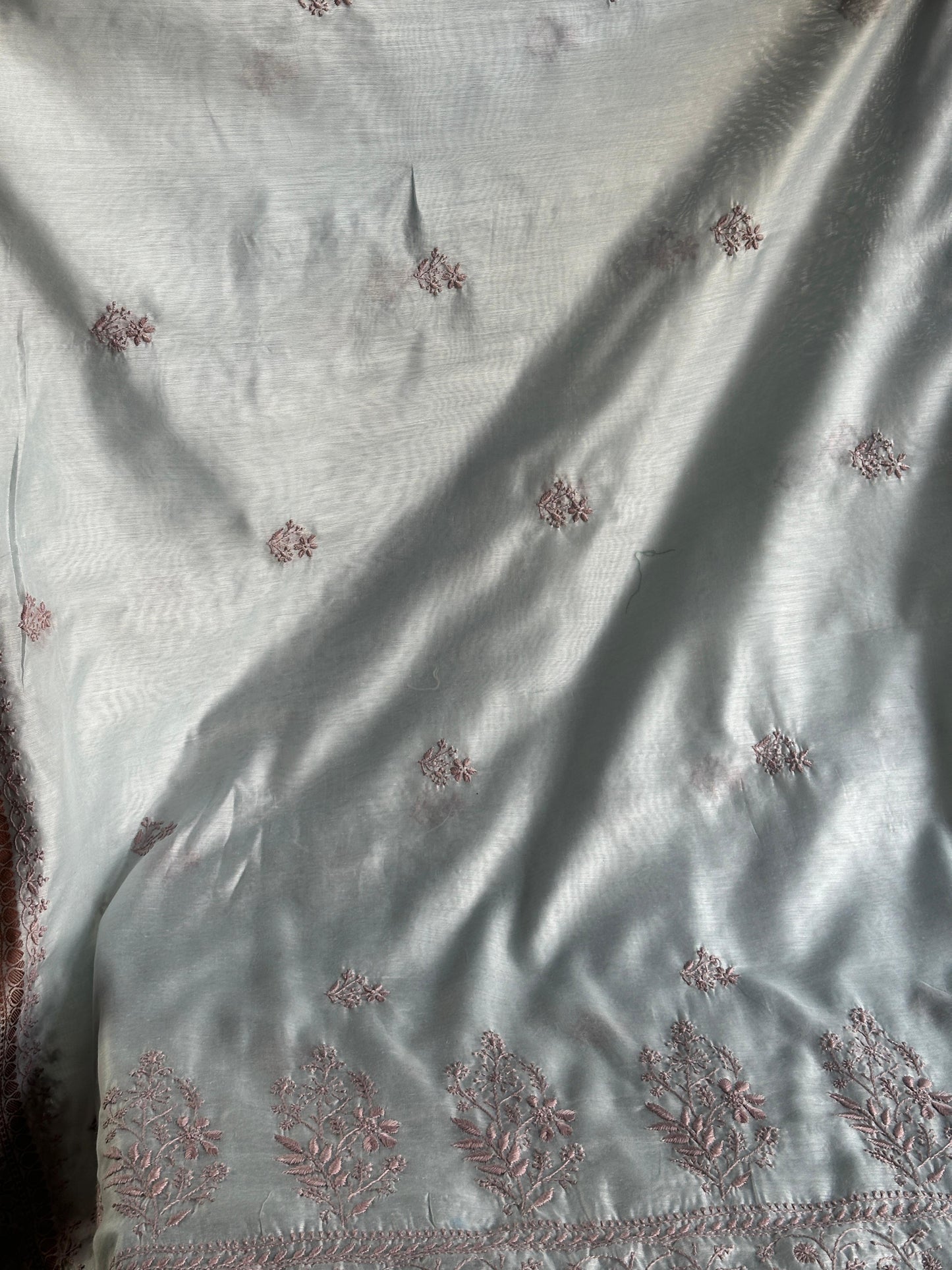Grey & Peach Chanderi Saree with Chikankari Embroidery & Banarasi Zari Border