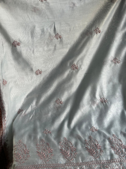 Grey & Peach Chanderi Saree with Chikankari Embroidery & Banarasi Zari Border
