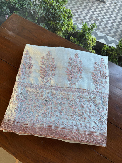 Grey & Peach Chanderi Saree with Chikankari Embroidery & Banarasi Zari Border