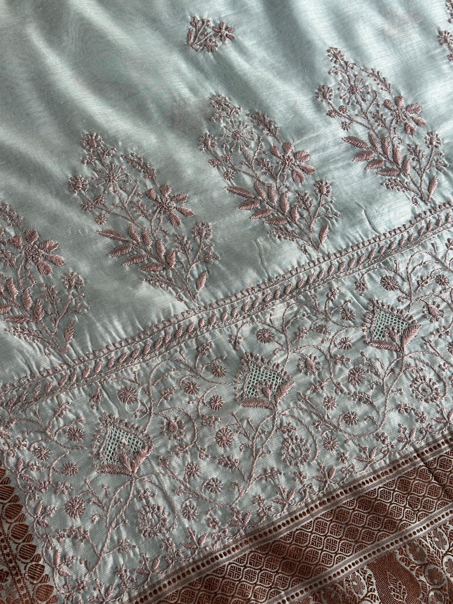 Grey & Peach Chanderi Saree with Chikankari Embroidery & Banarasi Zari Border
