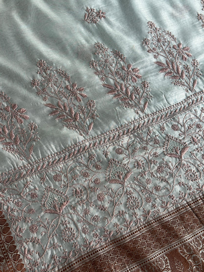 Grey & Peach Chanderi Saree with Chikankari Embroidery & Banarasi Zari Border