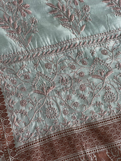 Grey & Peach Chanderi Saree with Chikankari Embroidery & Banarasi Zari Border