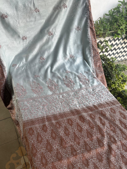 Grey & Peach Chanderi Saree with Chikankari Embroidery & Banarasi Zari Border