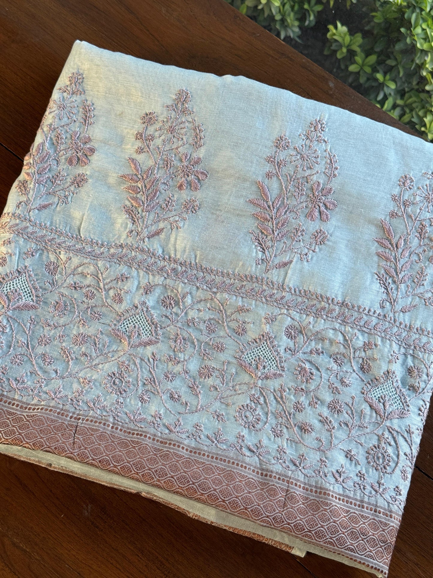 Grey & Peach Chanderi Saree with Chikankari Embroidery & Banarasi Zari Border