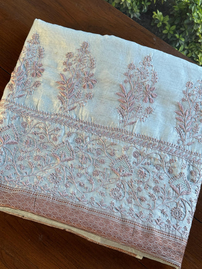 Grey & Peach Chanderi Saree with Chikankari Embroidery & Banarasi Zari Border