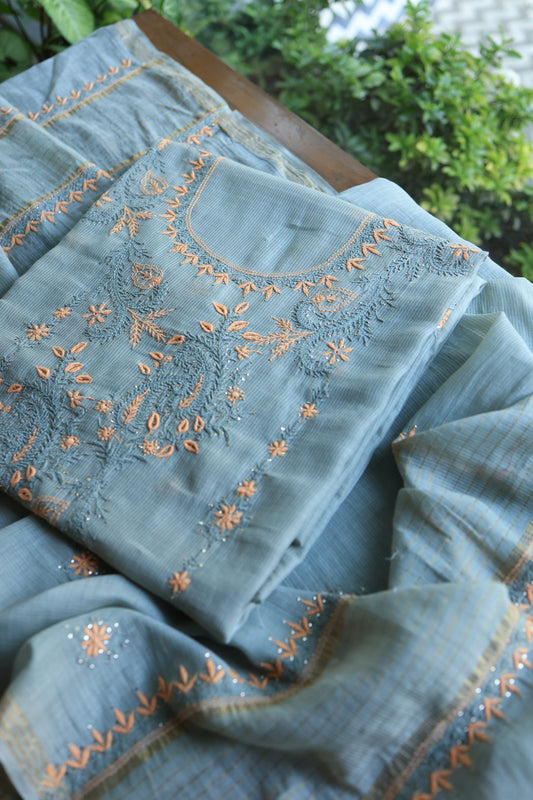 Grey & Peach Mal Cotton Fine Chikankari Unstitched Fabric