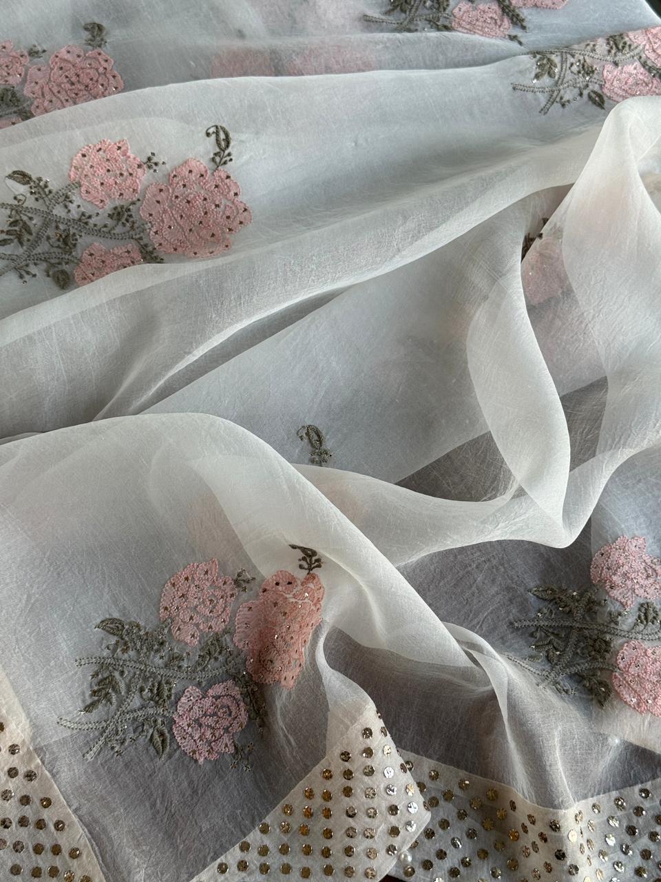 Grey & Peach Noor Organza Floral Motif Chikankari Dupatta