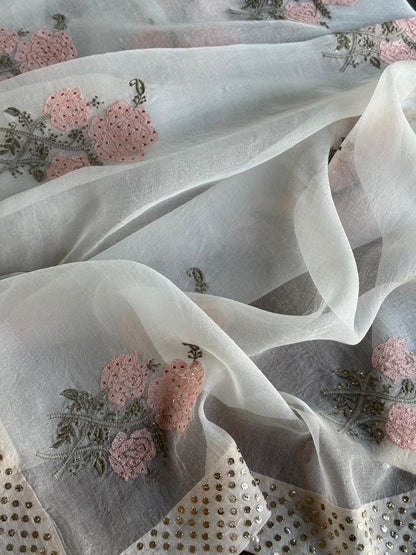 Grey & Peach Noor Organza Floral Motif Chikankari Dupatta