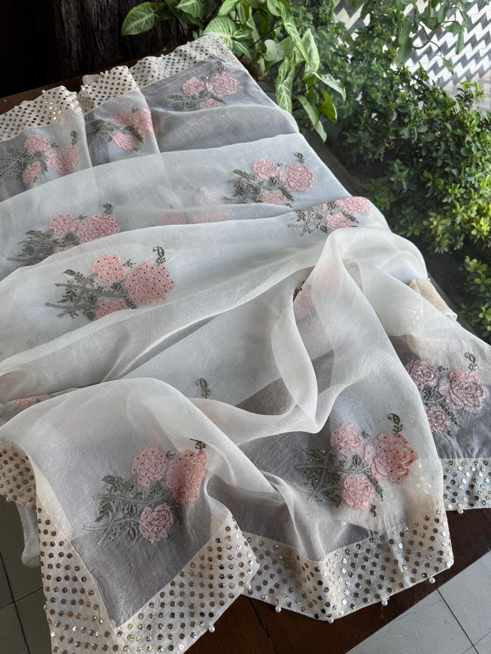 Grey & Peach Noor Organza Floral Motif Chikankari Dupatta