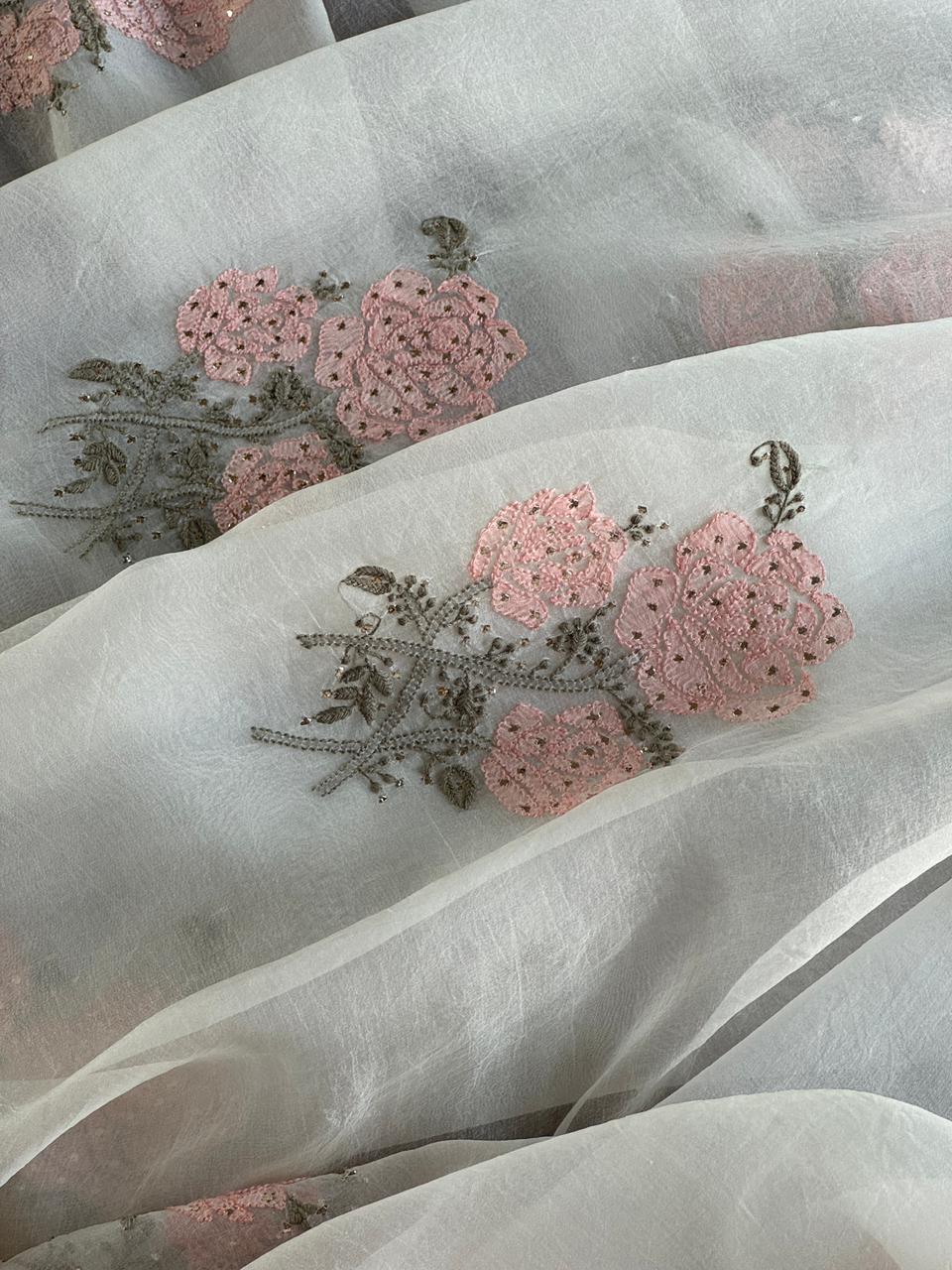 Grey & Peach Noor Organza Floral Motif Chikankari Dupatta