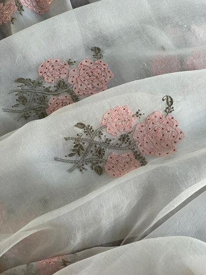 Grey & Peach Noor Organza Floral Motif Chikankari Dupatta