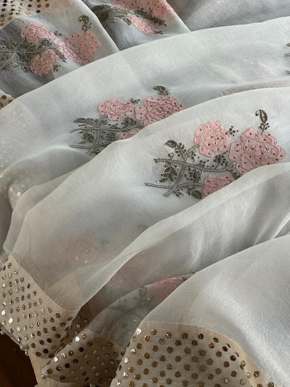 Grey & Peach Noor Organza Floral Motif Chikankari Dupatta
