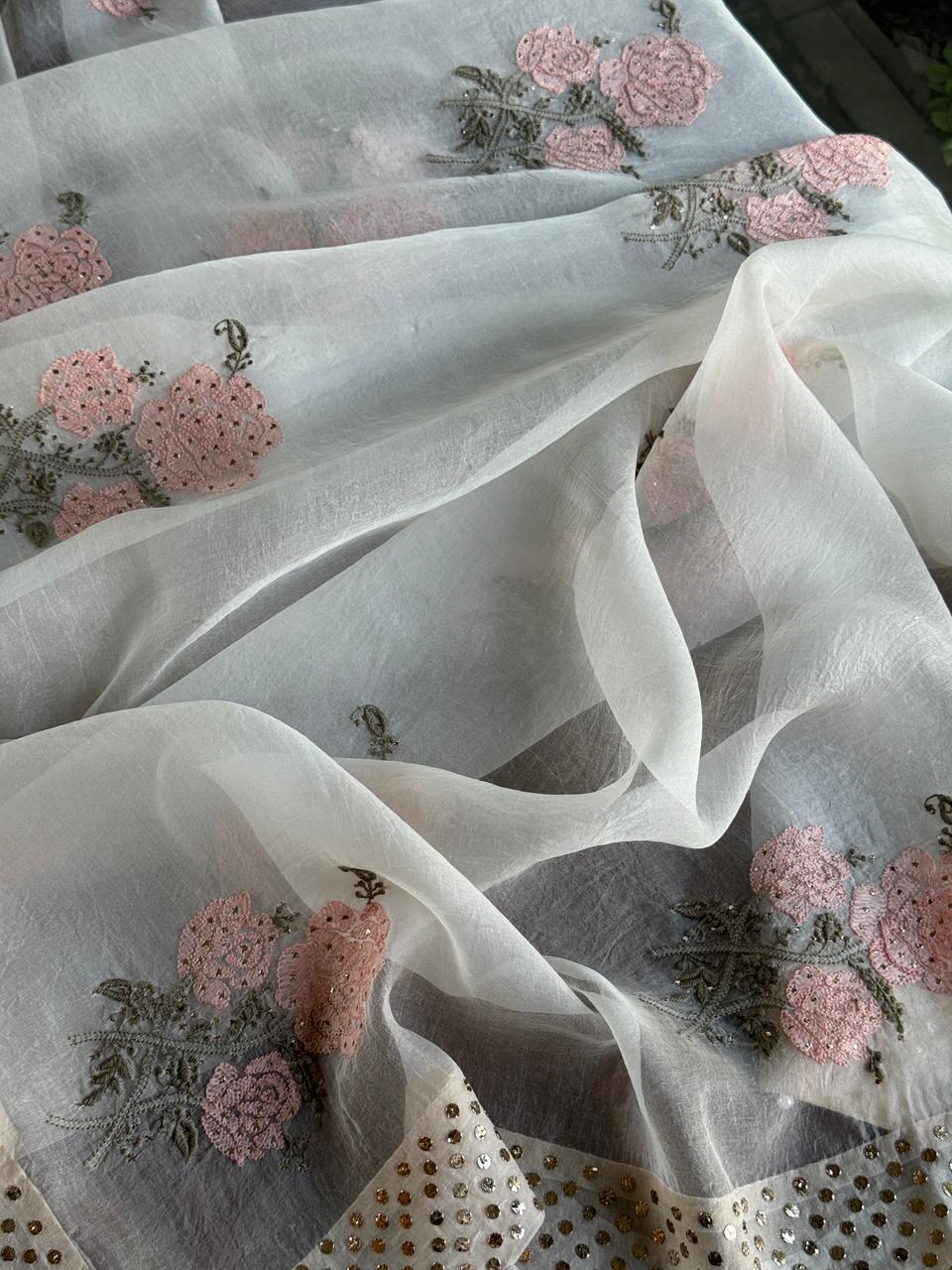 Grey & Peach Noor Organza Floral Motif Chikankari Dupatta