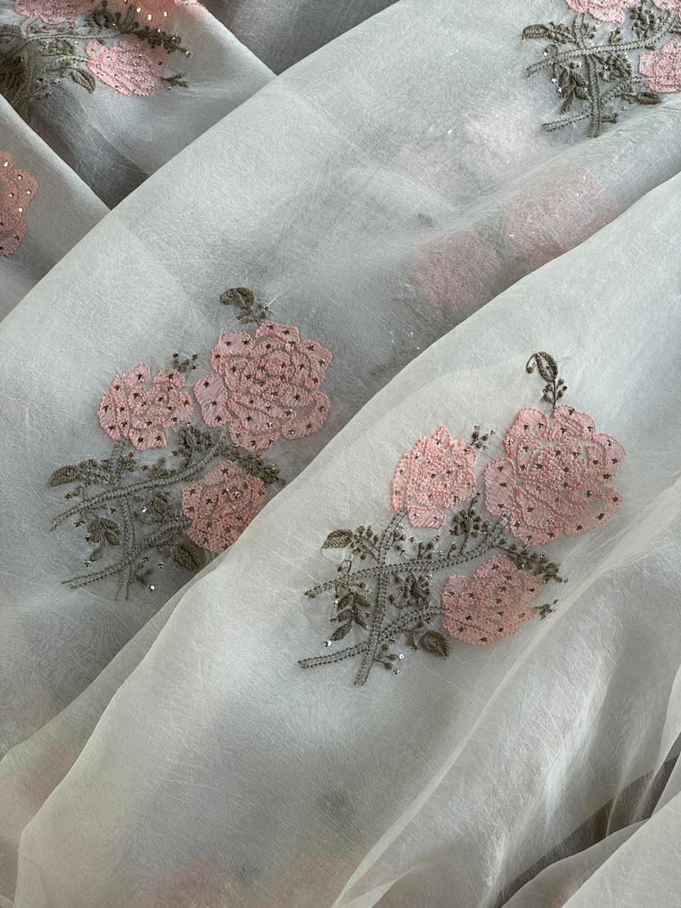 Grey & Peach Noor Organza Floral Motif Chikankari Dupatta