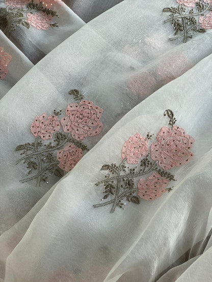 Grey & Peach Noor Organza Floral Motif Chikankari Dupatta