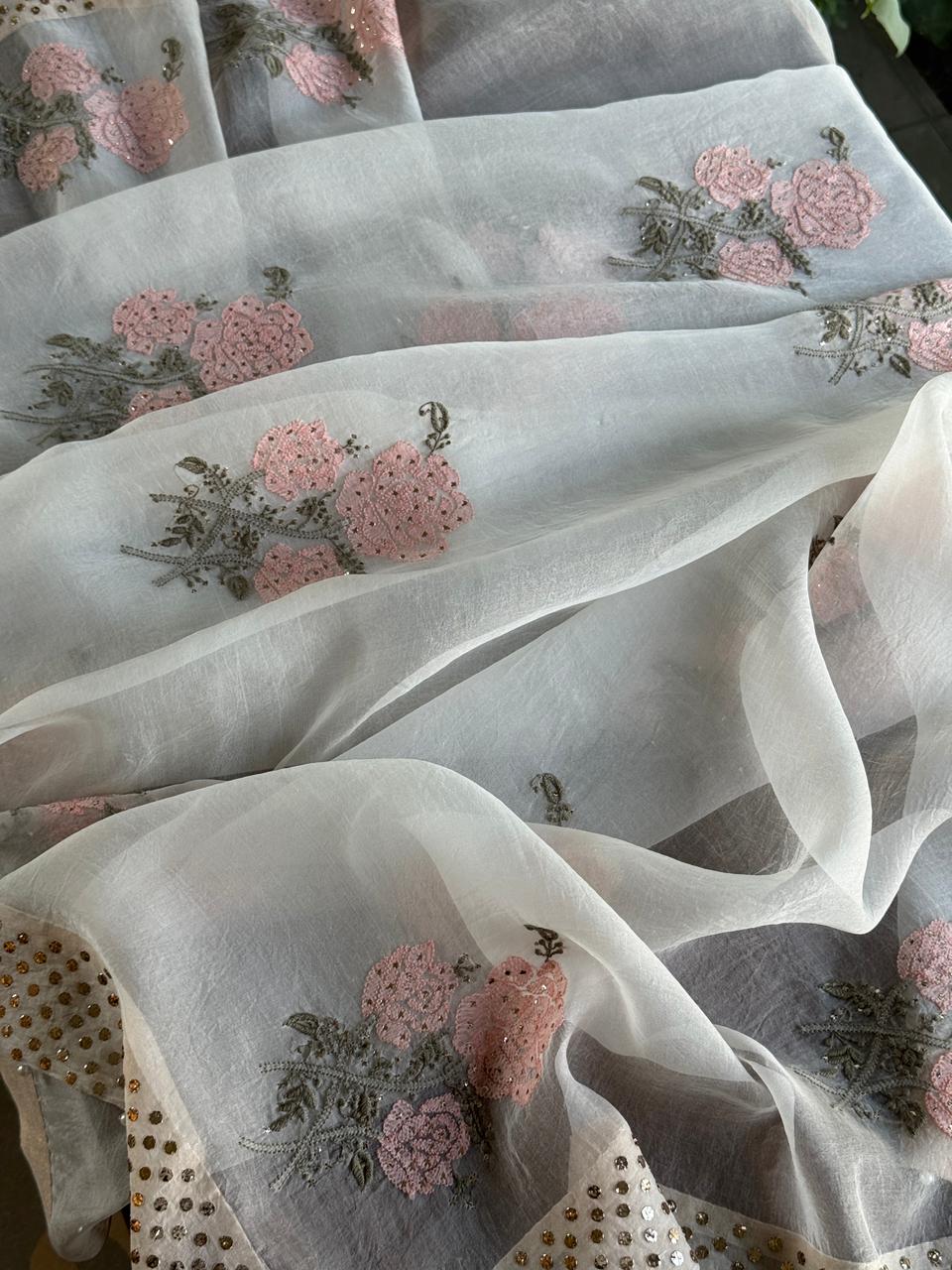 Grey & Peach Noor Organza Floral Motif Chikankari Dupatta