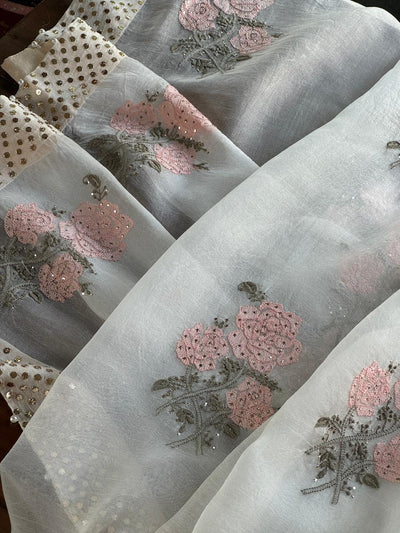 Grey & Peach Noor Organza Floral Motif Chikankari Dupatta