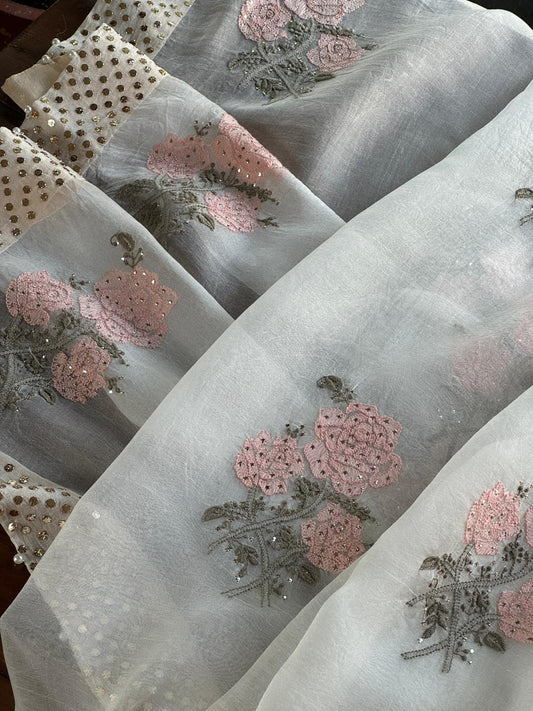 Grey & Peach Noor Organza Floral Motif Chikankari Dupatta