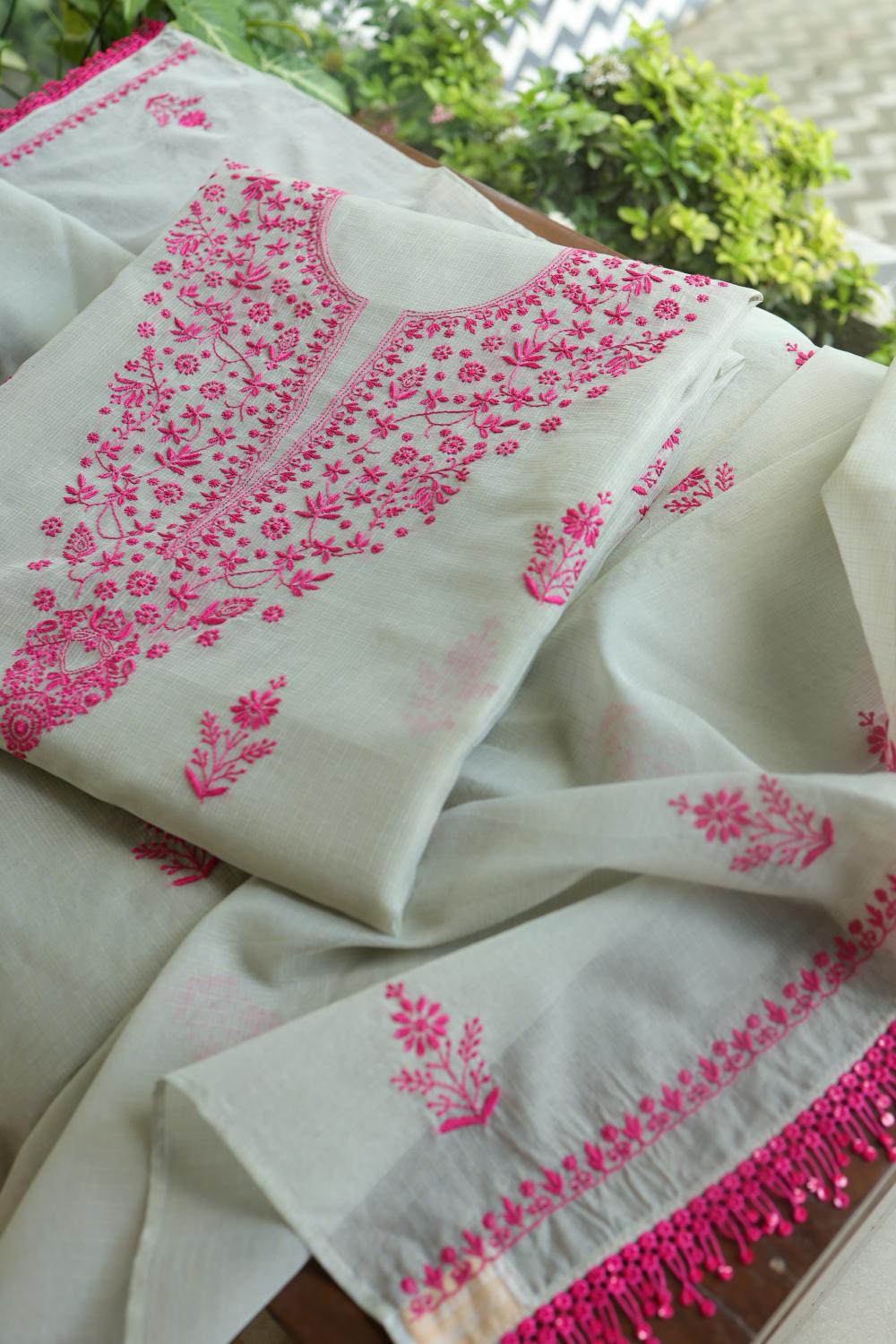 Light Mint & Pink Kota Chikankari Unstitched Fabric