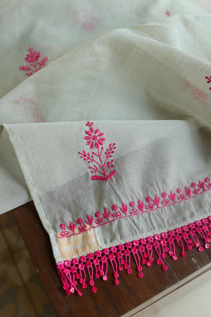 Light Mint & Pink Kota Chikankari Unstitched Fabric