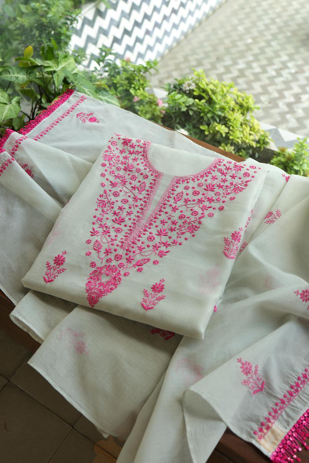Light Mint & Pink Kota Chikankari Unstitched Fabric