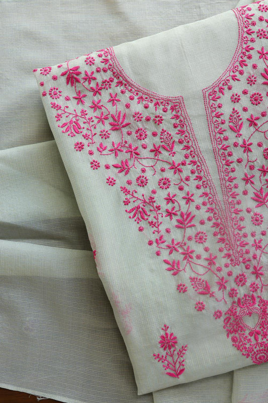 Grey & Pink Kota Chikankari Unstitched Fabric